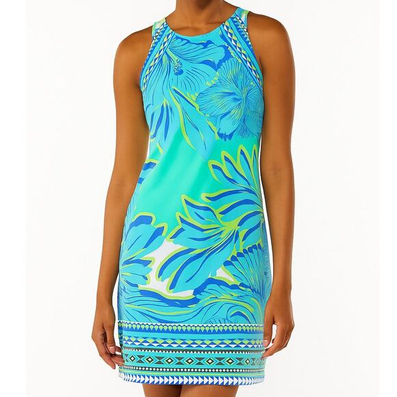 Hale Bob Turquoise & Green Palm Mini Dress Size Small - Picture 1 of 8